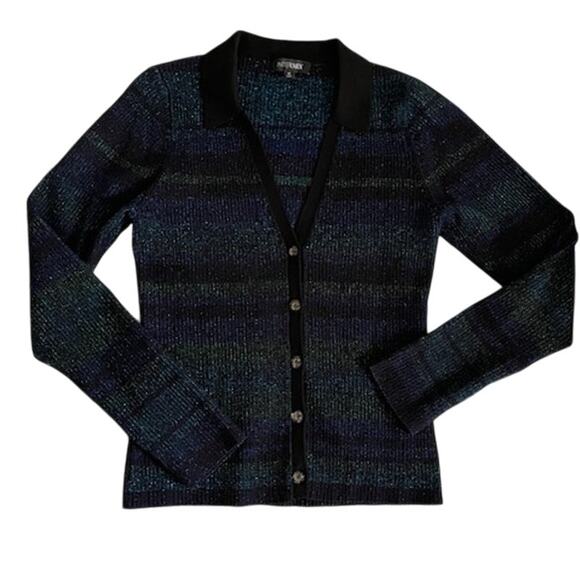 Intermix Sienna Ribbed Metallic Blue Green Striped Lurex Cardigan Collar Stretch - Picture 9 of 14